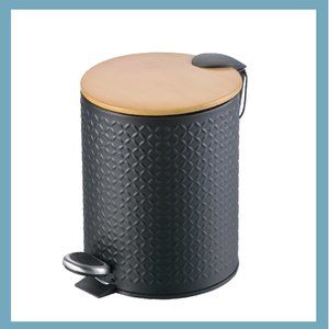 Textured Black Stainless Steel Trash Can With Wooden Lid (5 Liters/ 1.3 Gallon)